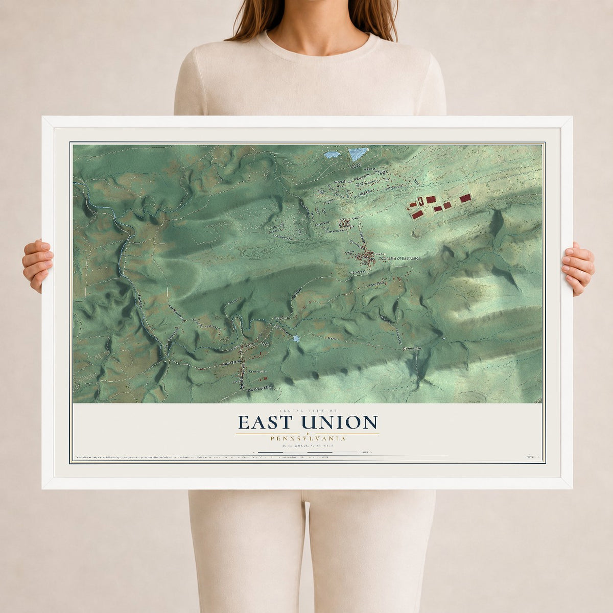 Map of East Union, Pennsylvania, 24 x 36 inch print in a white wood frame
