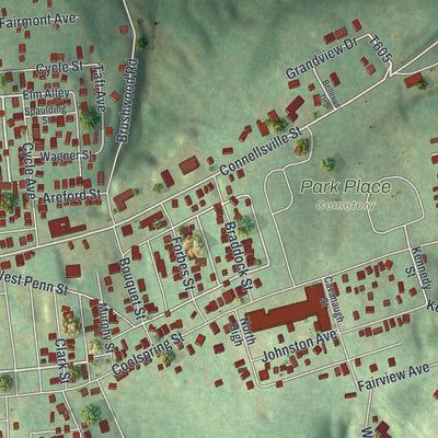 Close-up of the map of East Uniontown, Pennsylvania print showing street and building detail