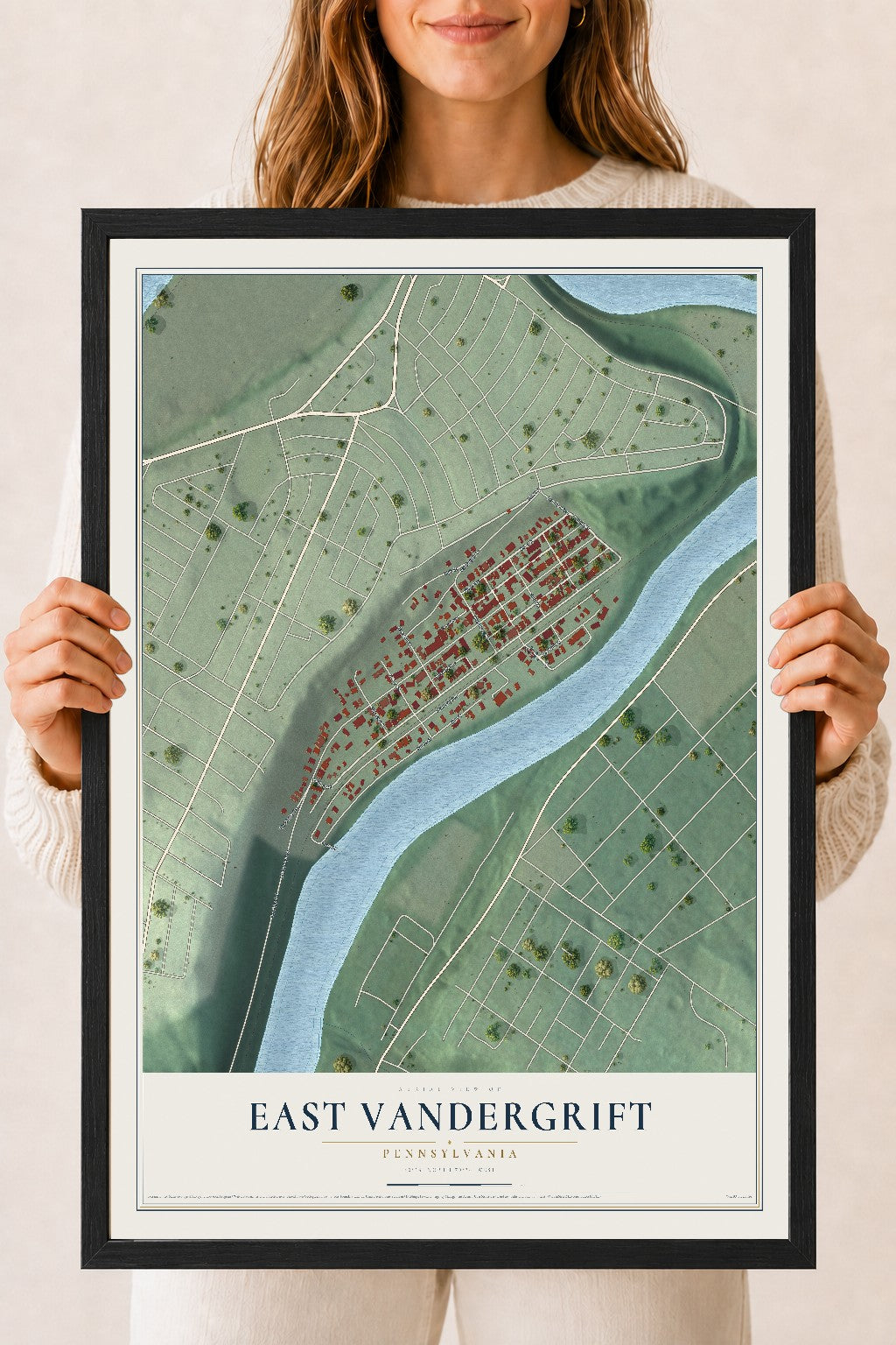 Map of East Vandergrift, Pennsylvania, 18 x 24 inch print in a black wood frame