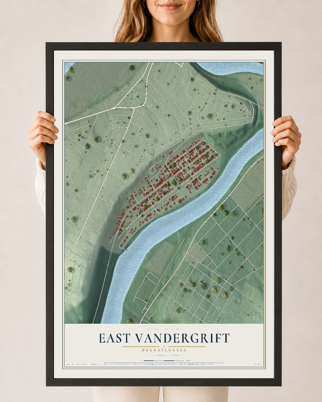 Map of East Vandergrift, Pennsylvania, 24 x 36 inch print in a black wood frame