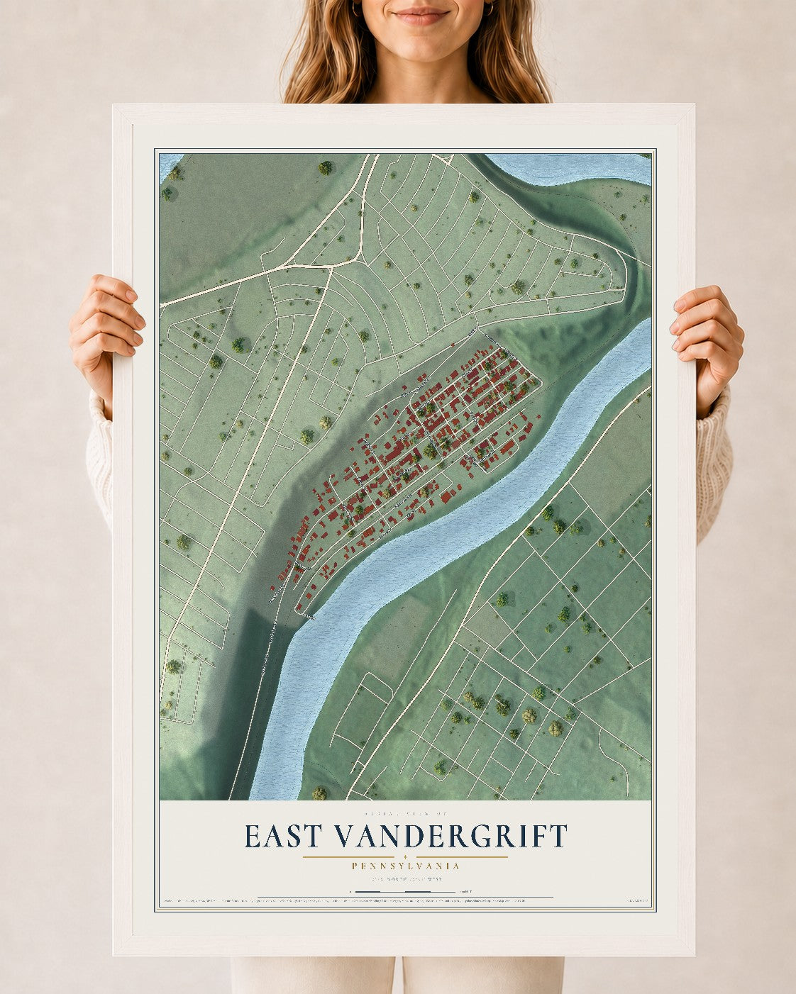 Map of East Vandergrift, Pennsylvania, 24 x 36 inch print in a white wood frame