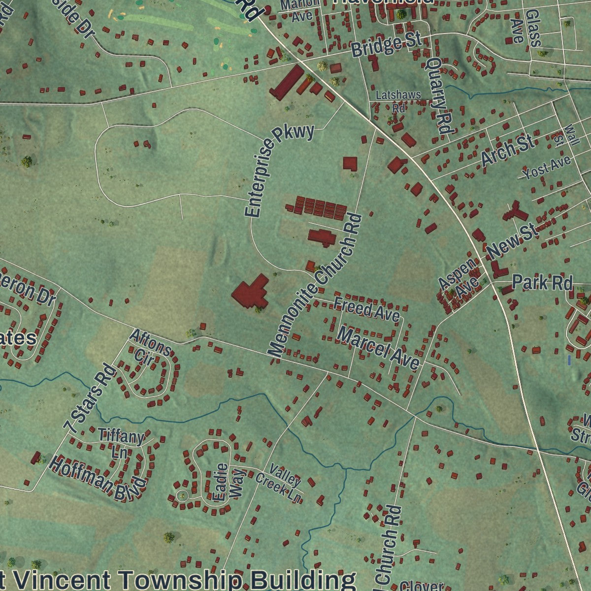 Close-up of the map of East Vincent, Pennsylvania print showing street and building detail