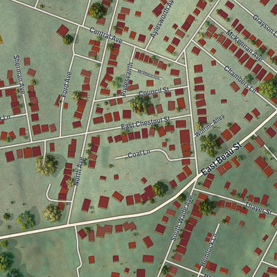 Close-up of the map of East Washington, Pennsylvania print showing street and building detail