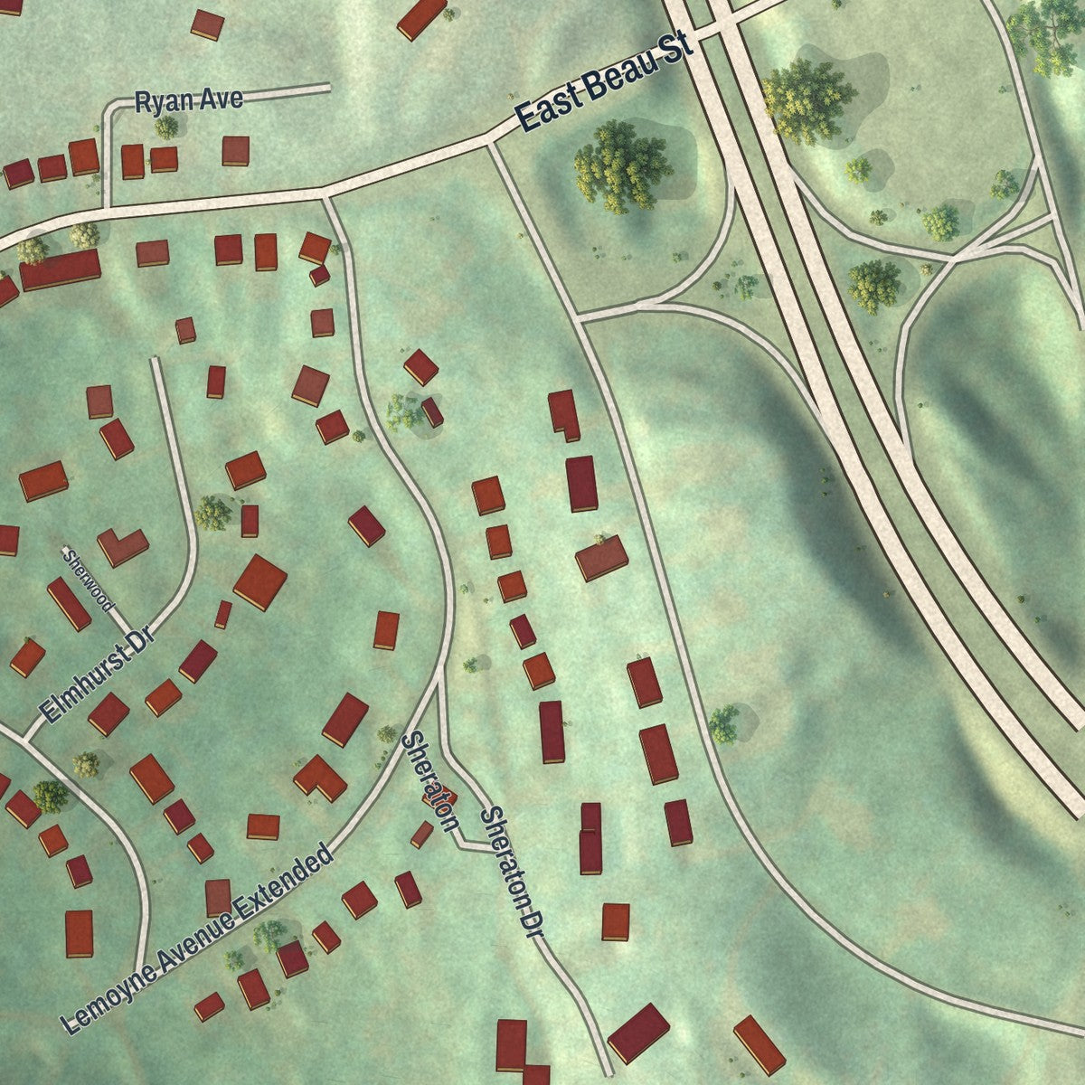 Second close-up of the map of East Washington, Pennsylvania print showing more streets and buildings