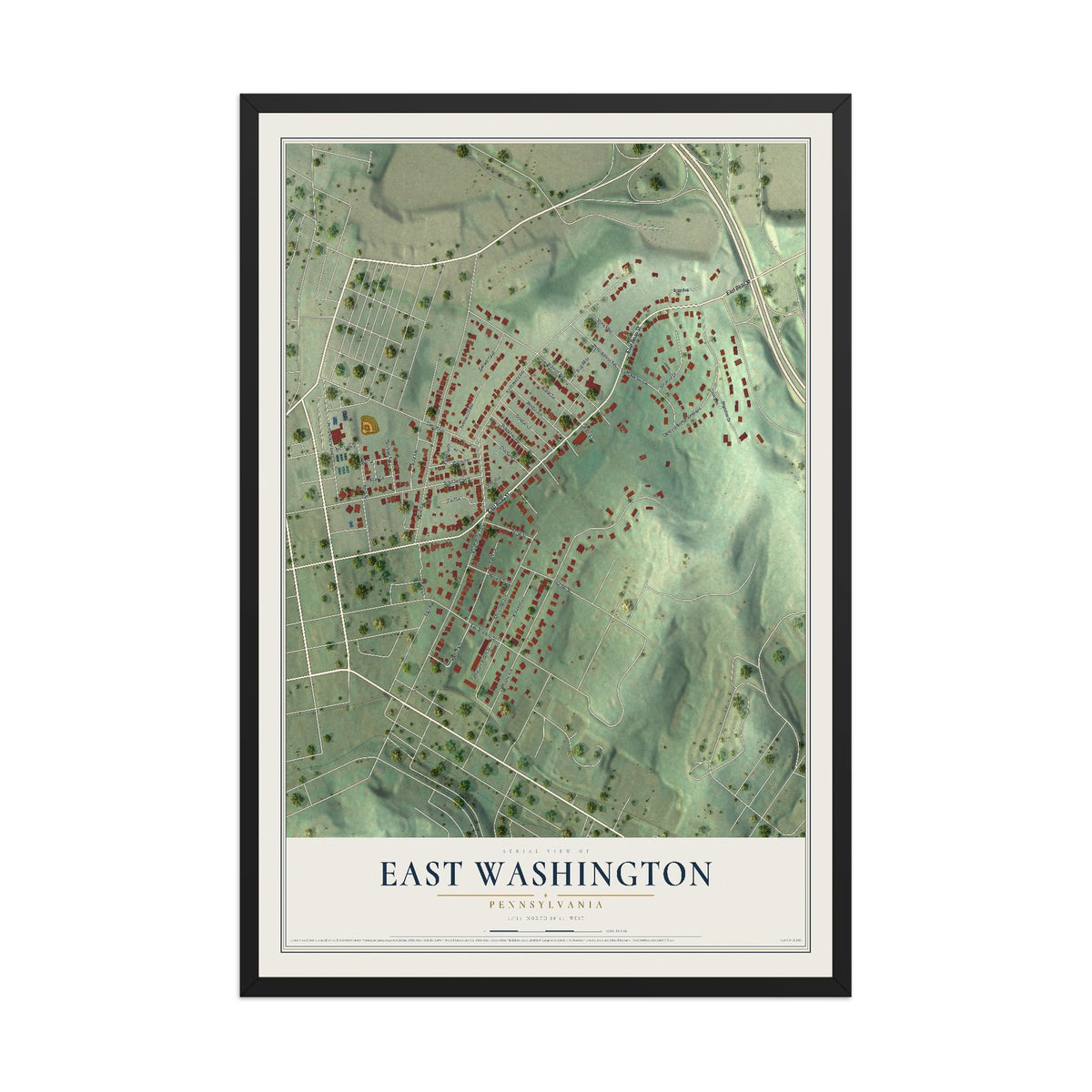 Map of East Washington, Pennsylvania, 12 x 18 inch print in a black wood frame