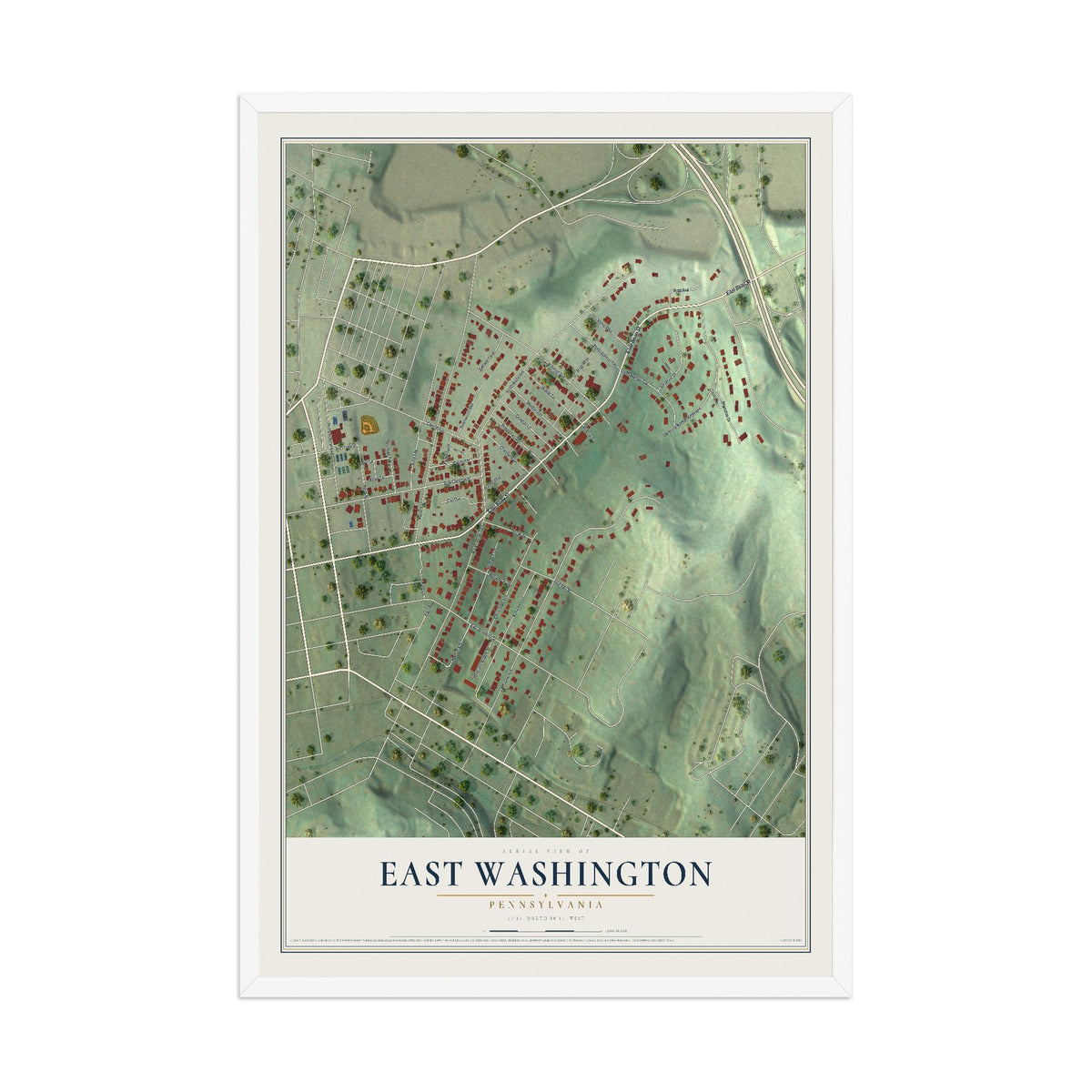 Map of East Washington, Pennsylvania, 12 x 18 inch print in a white wood frame