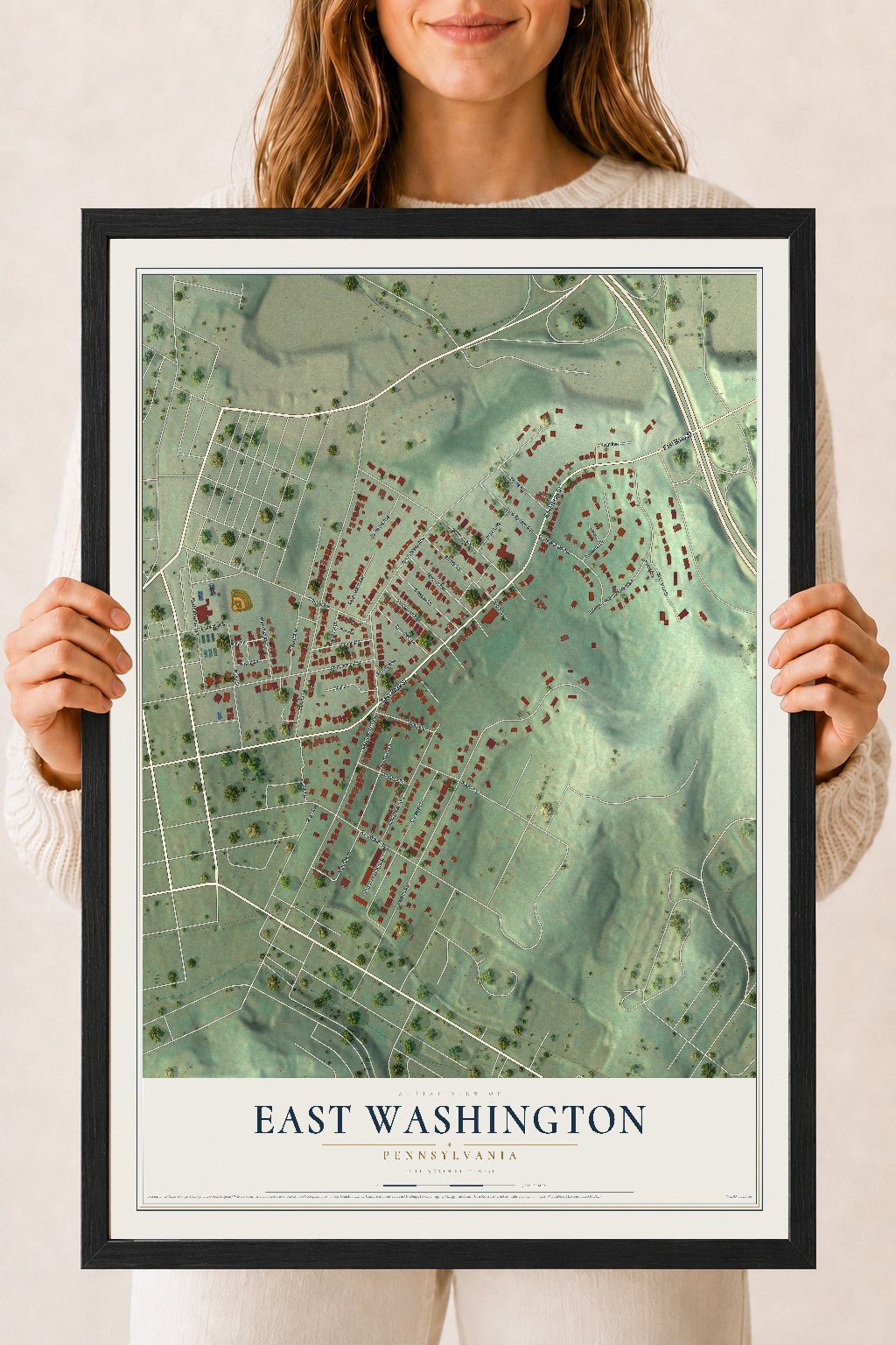 Map of East Washington, Pennsylvania, 18 x 24 inch print in a black wood frame