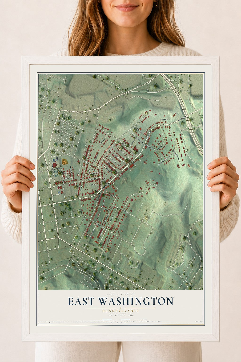 Map of East Washington, Pennsylvania, 18 x 24 inch print in a white wood frame