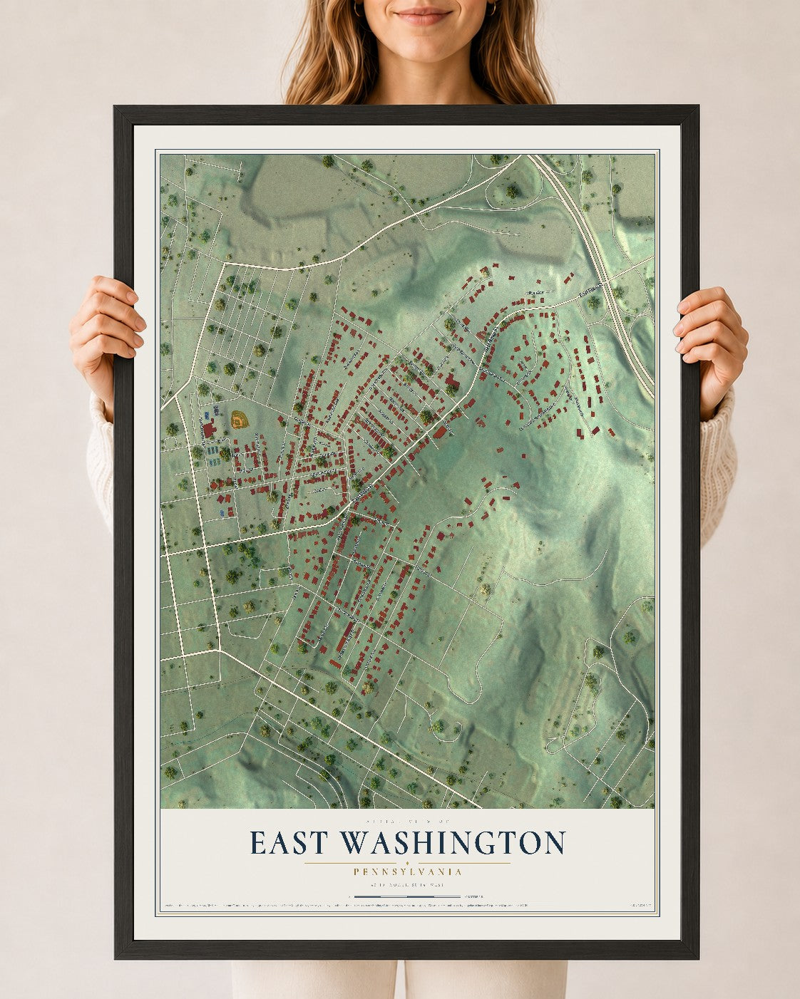 Map of East Washington, Pennsylvania, 24 x 36 inch print in a black wood frame