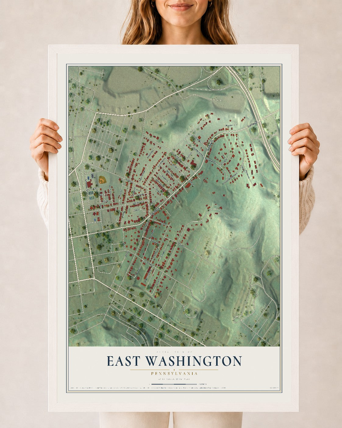 Map of East Washington, Pennsylvania, 24 x 36 inch print in a white wood frame