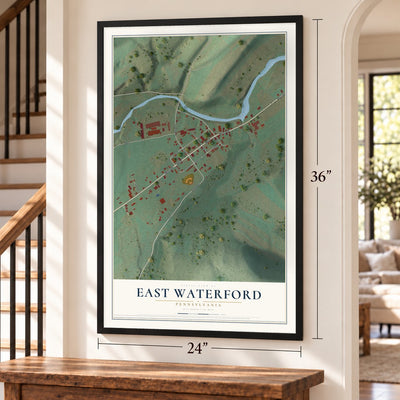 East Waterford, Pennsylvania map, 24 x 36 inch print in a black frame by a staircase
