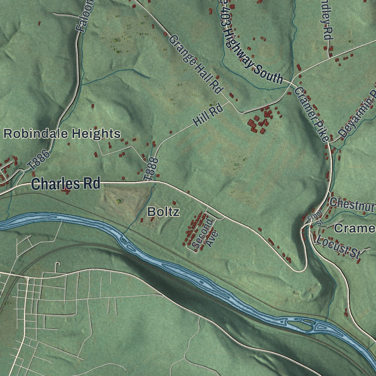 Close-up of the map of East Wheatfield, Pennsylvania print showing street and building detail