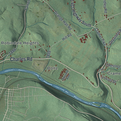 Close-up of the map of East Wheatfield, Pennsylvania print showing street and building detail