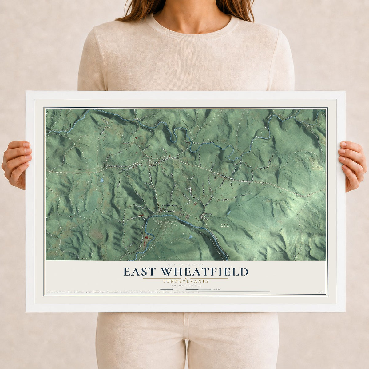 Map of East Wheatfield, Pennsylvania, 12 x 18 inch print in a white wood frame
