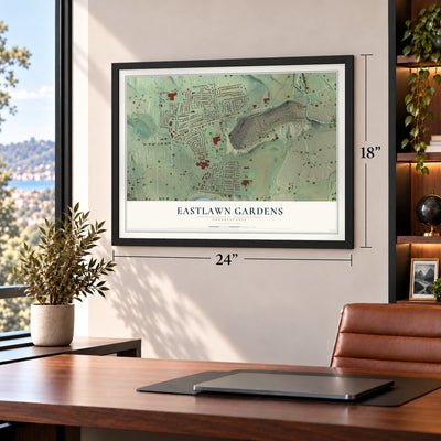 Eastlawn Gardens, Pennsylvania map, 18 x 24 inch print in a black frame in a home office