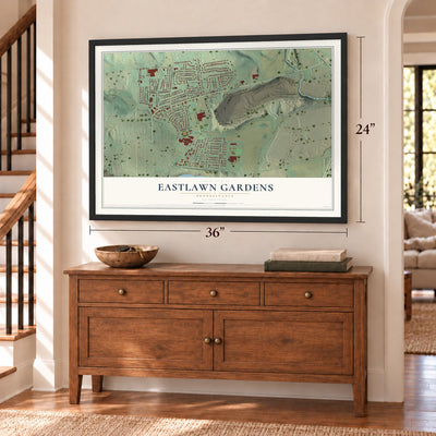 Eastlawn Gardens, Pennsylvania map, 24 x 36 inch print in a black frame above a dresser by a staircase