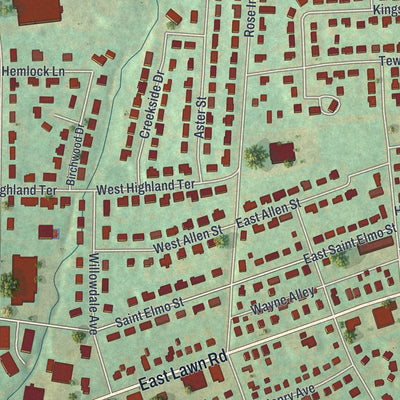 Close-up of the map of Eastlawn Gardens, Pennsylvania print showing street and building detail