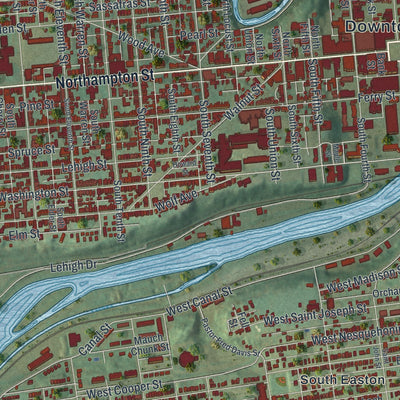 Close-up of the map of Easton, Pennsylvania print showing street and building detail