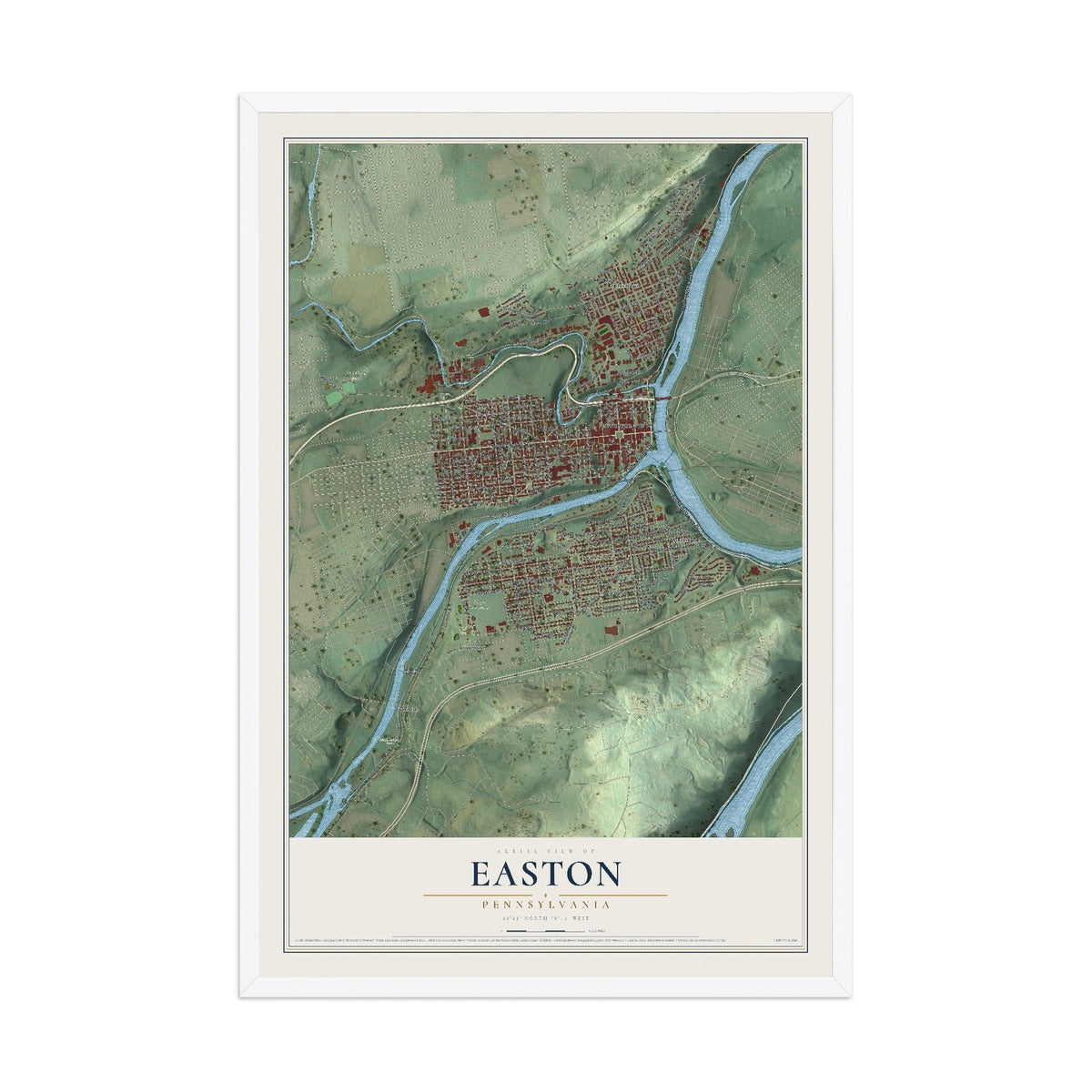 Map of Easton, Pennsylvania, 12 x 18 inch print in a white wood frame
