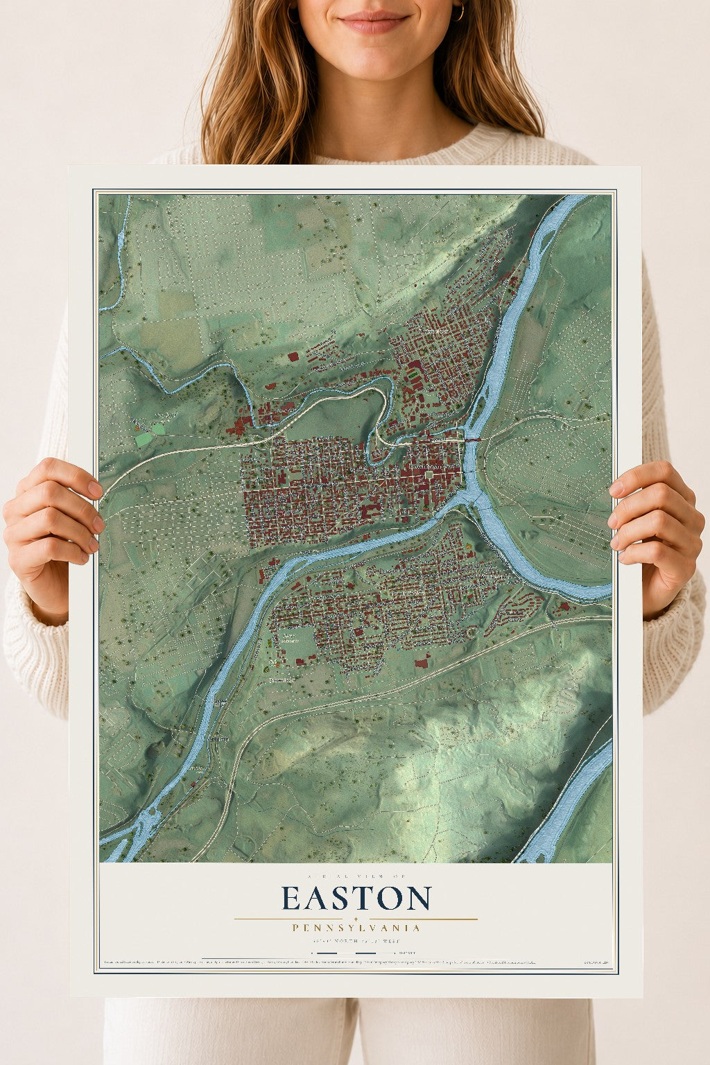 Map of Easton, Pennsylvania, 18 x 24 inch unframed archival matte print