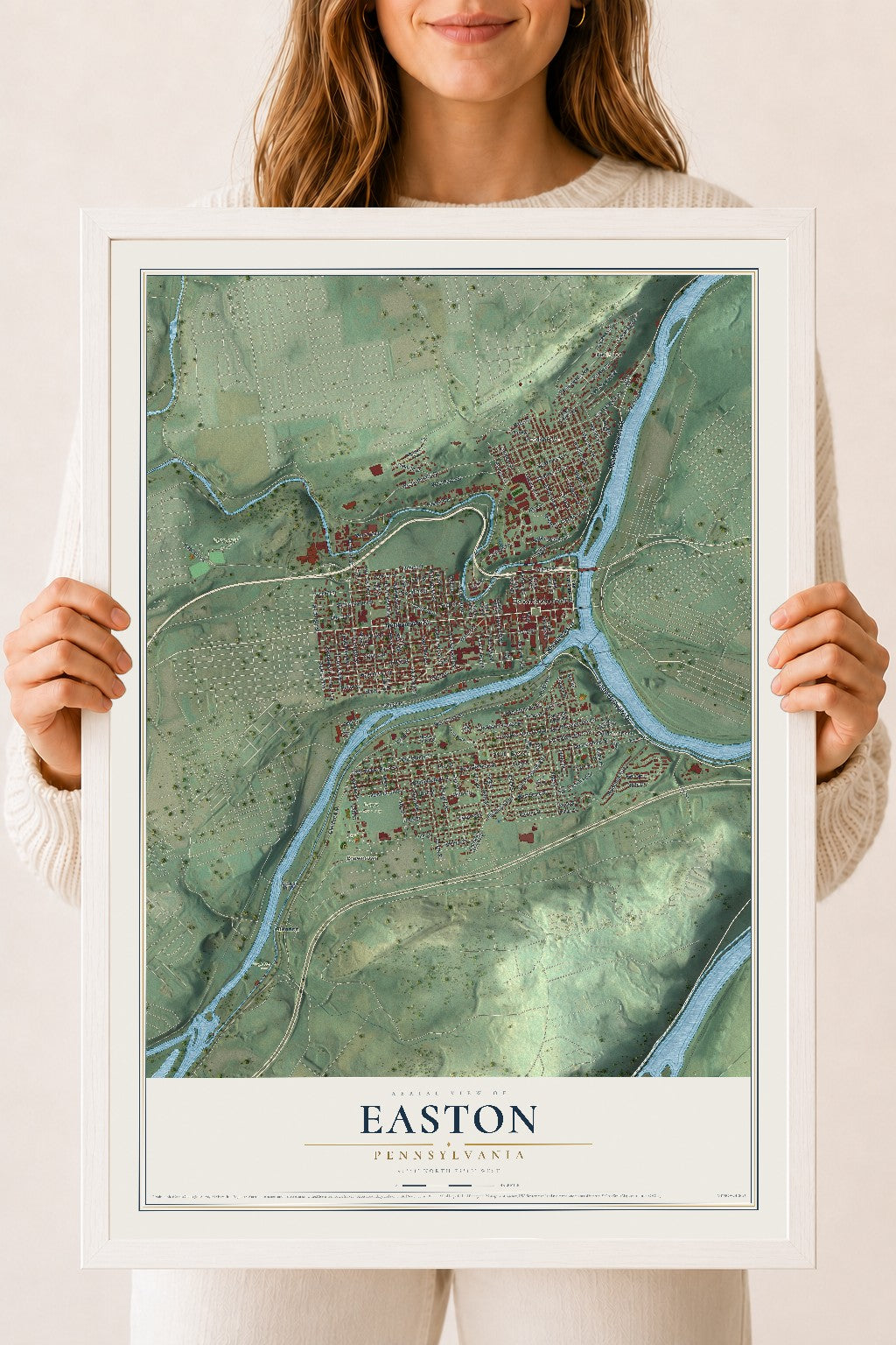 Map of Easton, Pennsylvania, 18 x 24 inch print in a white wood frame