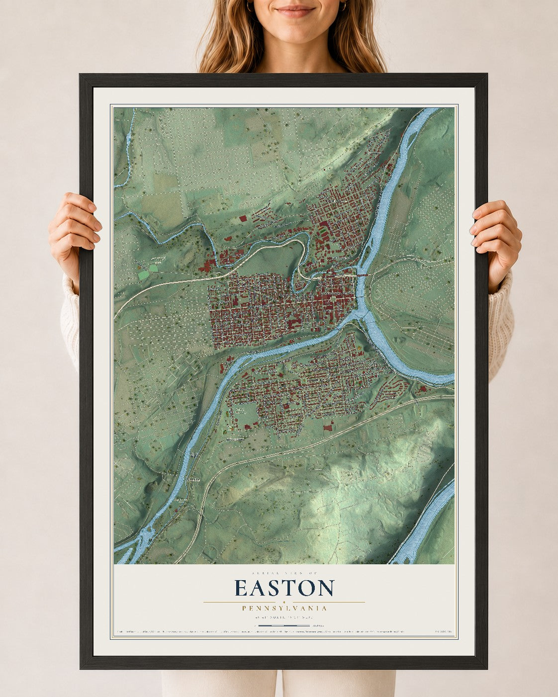 Map of Easton, Pennsylvania, 24 x 36 inch print in a black wood frame