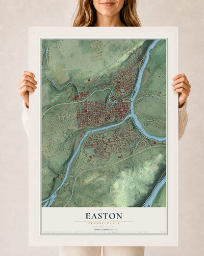 Map of Easton, Pennsylvania, 24 x 36 inch print in a white wood frame