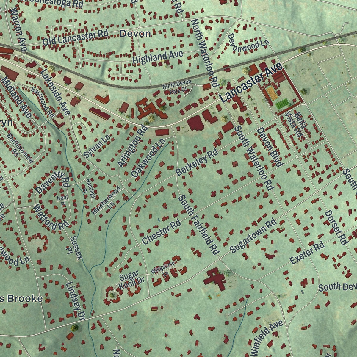 Close-up of the map of Easttown, Pennsylvania print showing street and building detail