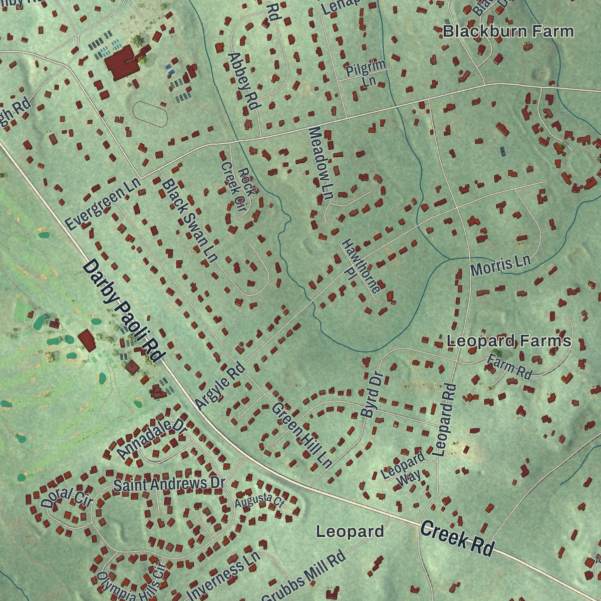 Second close-up of the map of Easttown, Pennsylvania print showing more streets and buildings