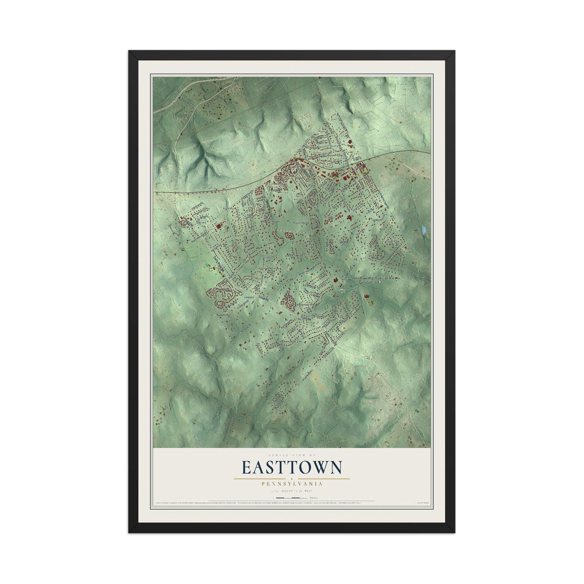 Map of Easttown, Pennsylvania, 12 x 18 inch print in a black wood frame