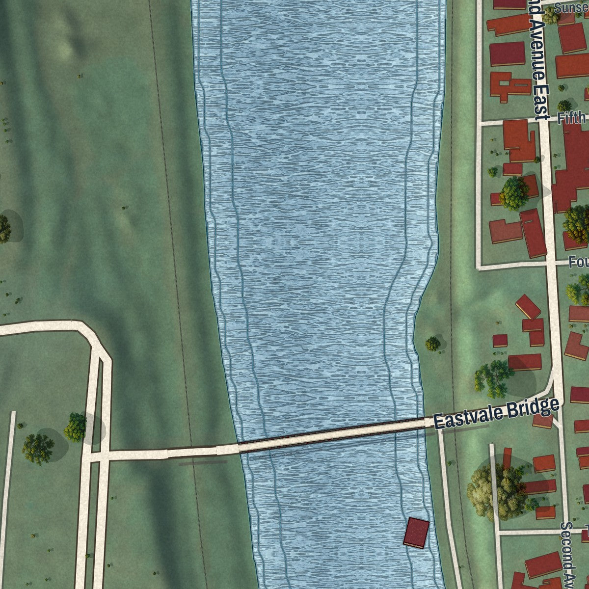 Close-up of the map of Eastvale, Pennsylvania print showing street and building detail