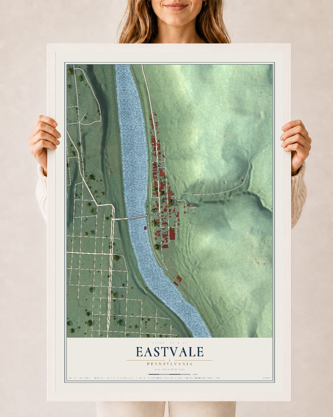 Map of Eastvale, Pennsylvania, 24 x 36 inch print in a white wood frame