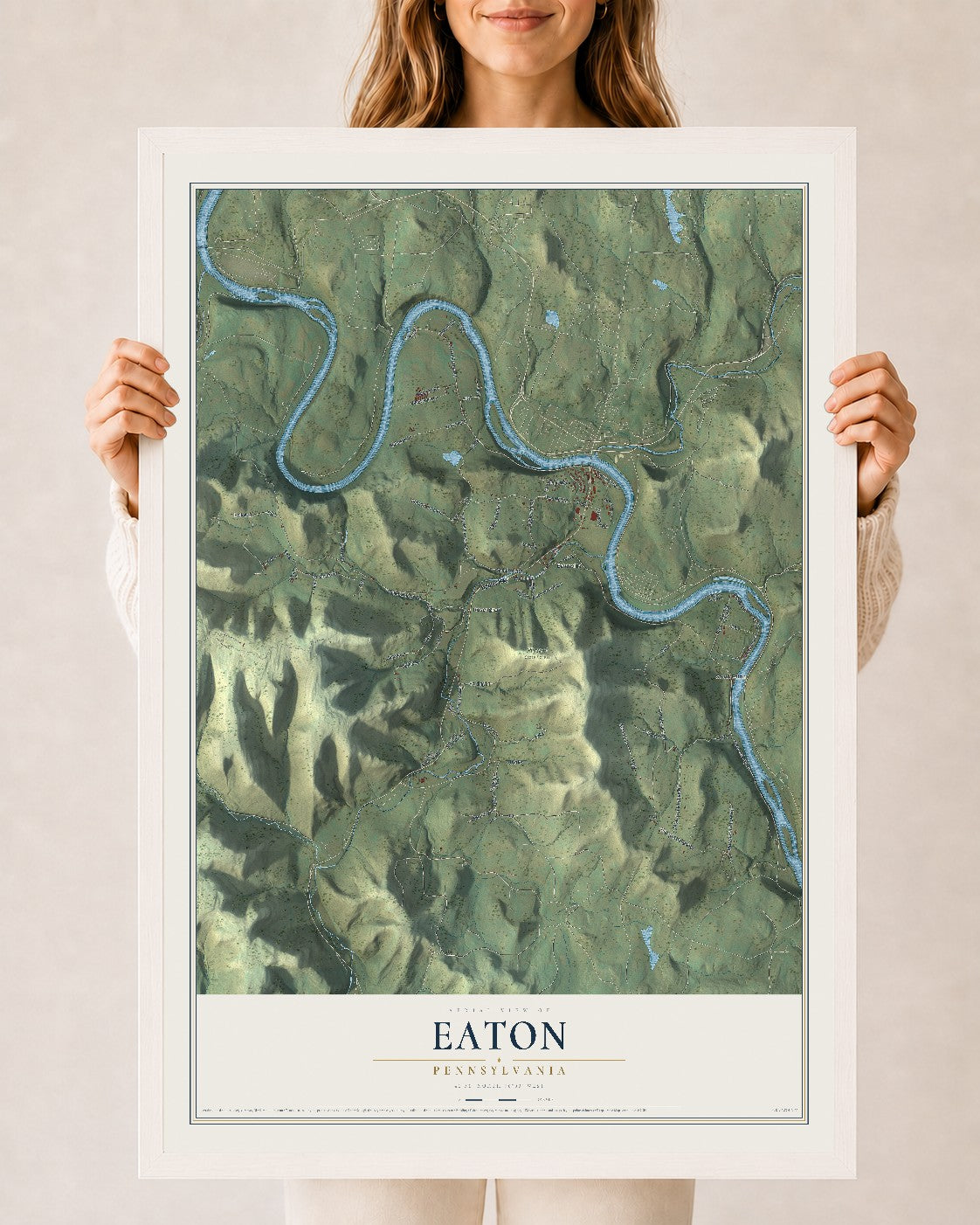 Map of Eaton, Pennsylvania, 24 x 36 inch print in a white wood frame