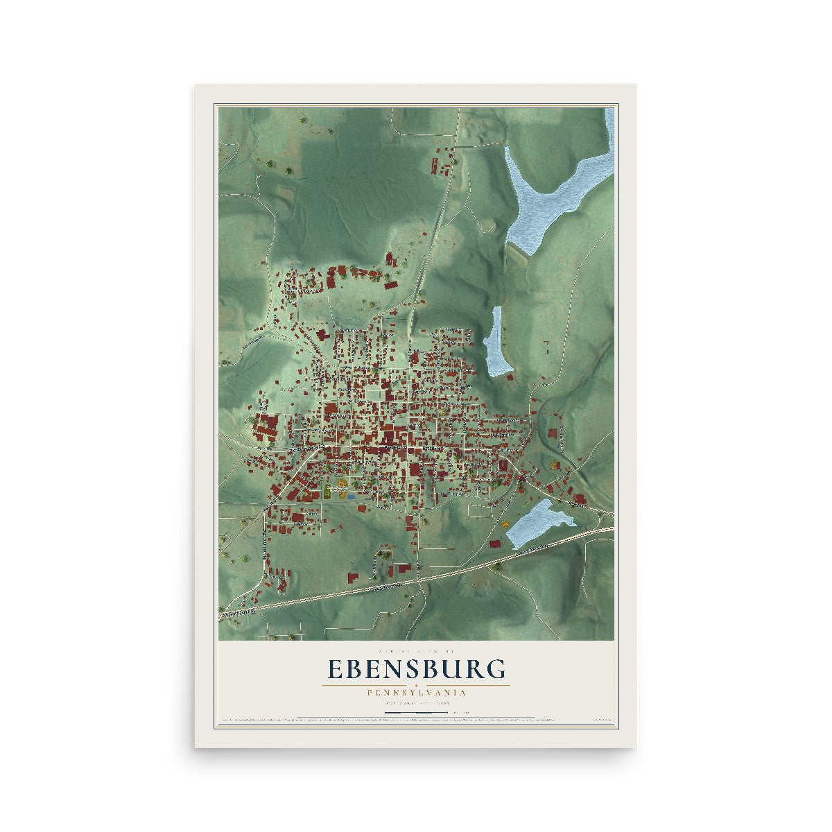 Map of Ebensburg, Pennsylvania, 12 x 18 inch unframed archival matte print