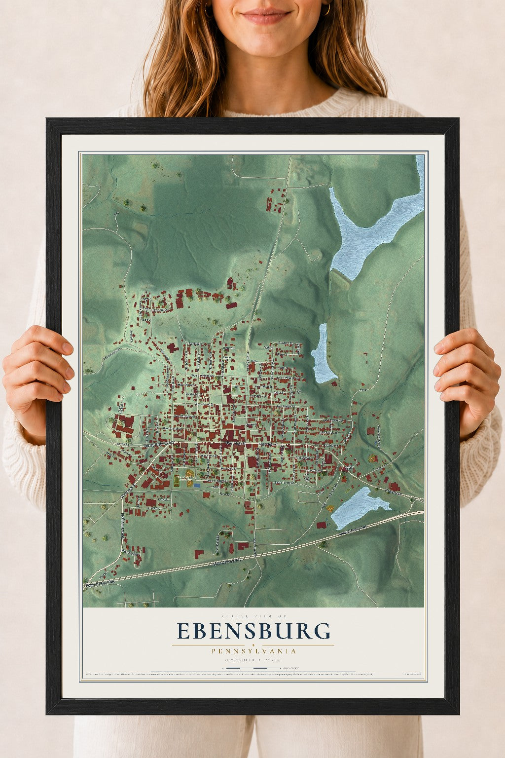 Map of Ebensburg, Pennsylvania, 18 x 24 inch print in a black wood frame