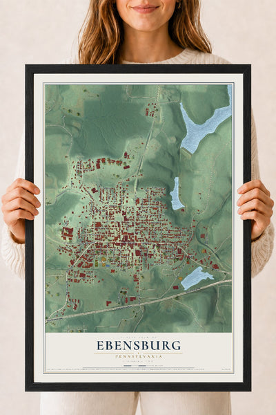 Map of Ebensburg, Pennsylvania, 18 x 24 inch print in a black wood frame
