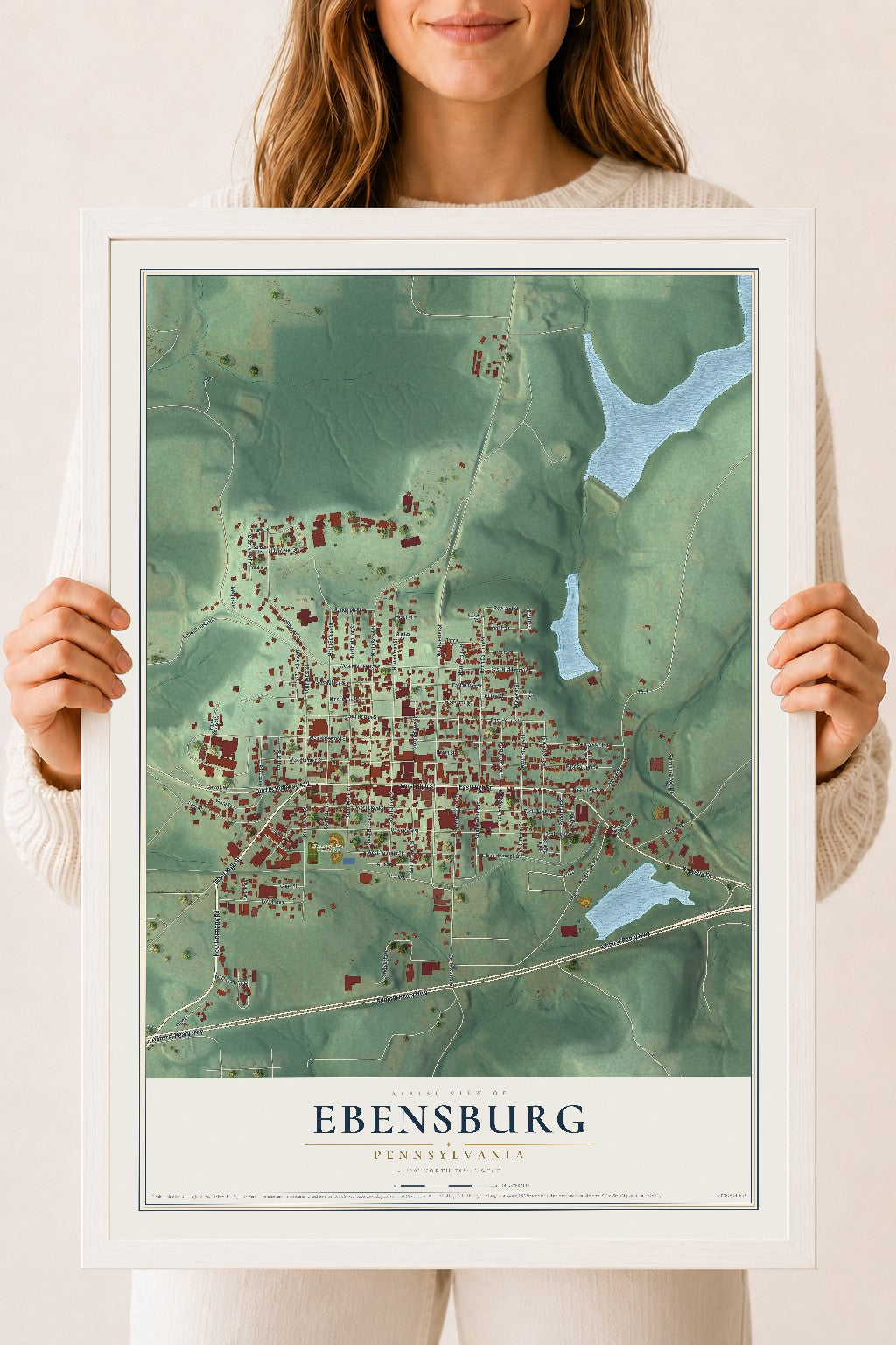 Map of Ebensburg, Pennsylvania, 18 x 24 inch print in a white wood frame
