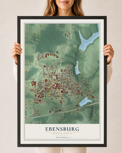 Map of Ebensburg, Pennsylvania, 24 x 36 inch print in a black wood frame