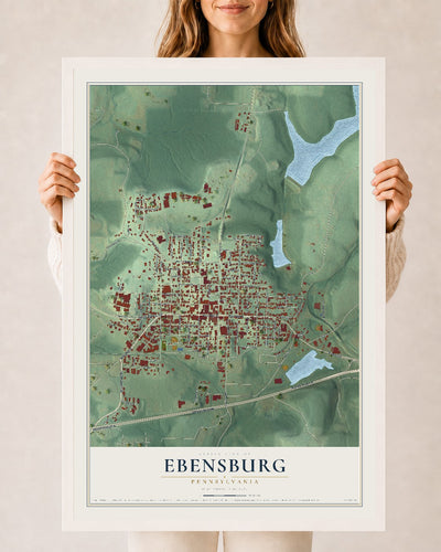 Map of Ebensburg, Pennsylvania, 24 x 36 inch print in a white wood frame