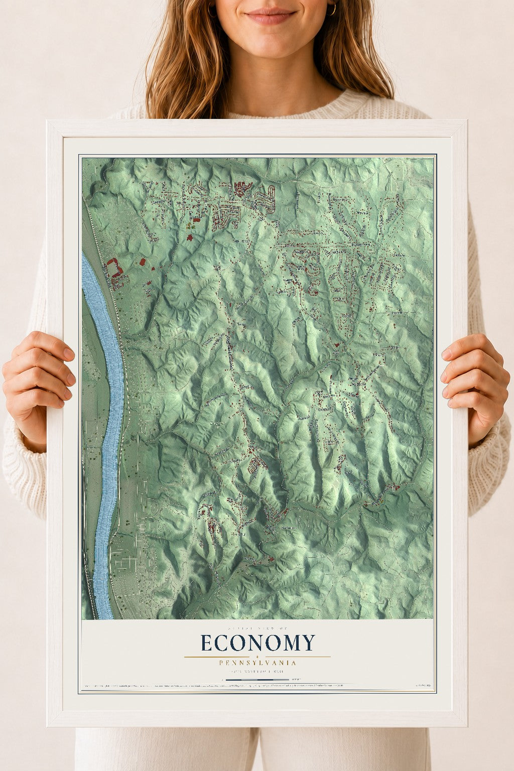 Map of Economy, Pennsylvania, 18 x 24 inch print in a white wood frame