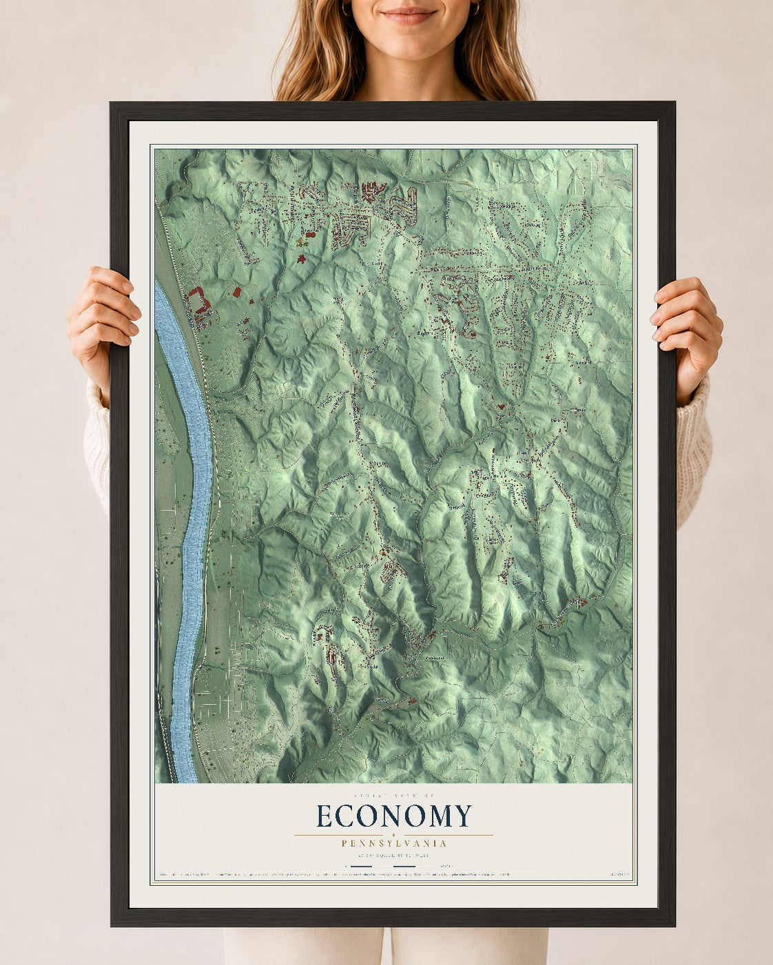 Map of Economy, Pennsylvania, 24 x 36 inch print in a black wood frame