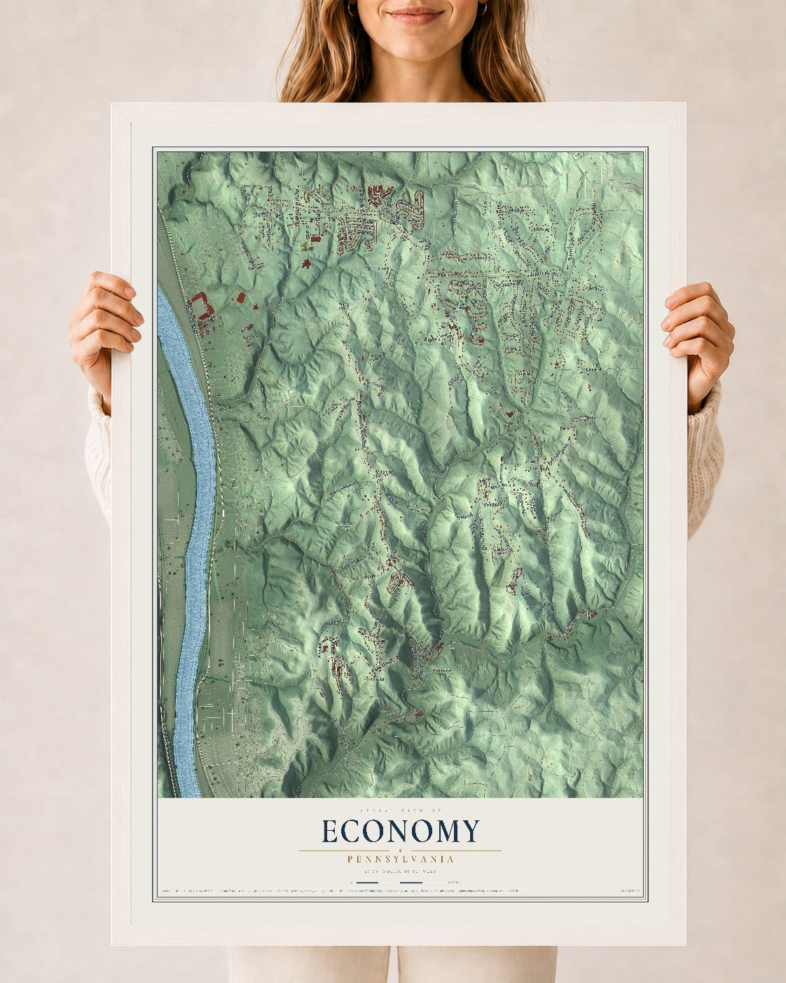 Map of Economy, Pennsylvania, 24 x 36 inch print in a white wood frame
