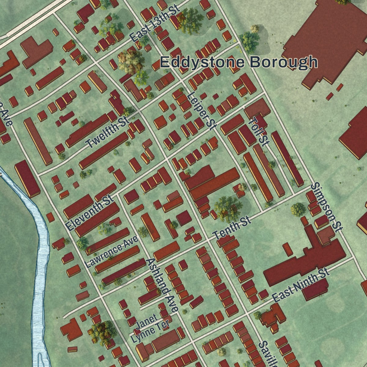Close-up of the map of Eddystone, Pennsylvania print showing street and building detail