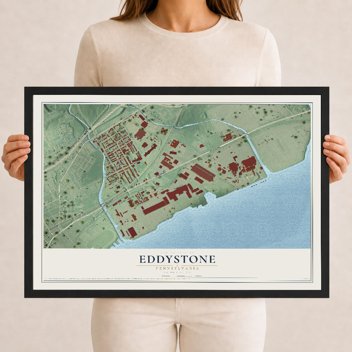 Map of Eddystone, Pennsylvania, 12 x 18 inch print in a black wood frame