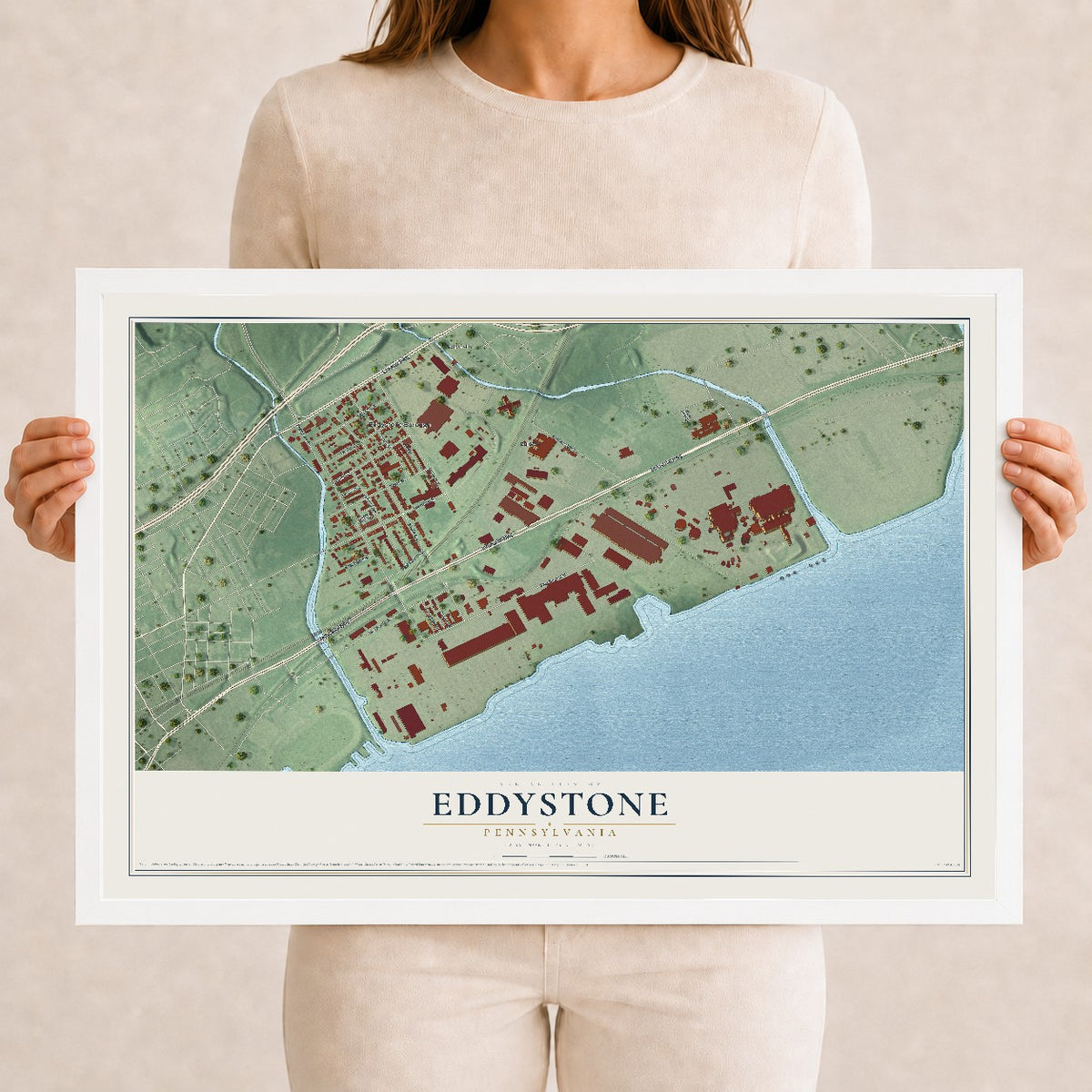 Map of Eddystone, Pennsylvania, 12 x 18 inch print in a white wood frame
