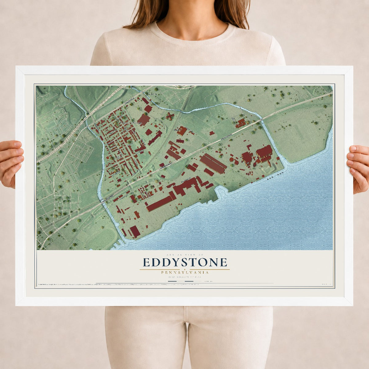 Map of Eddystone, Pennsylvania, 18 x 24 inch print in a white wood frame