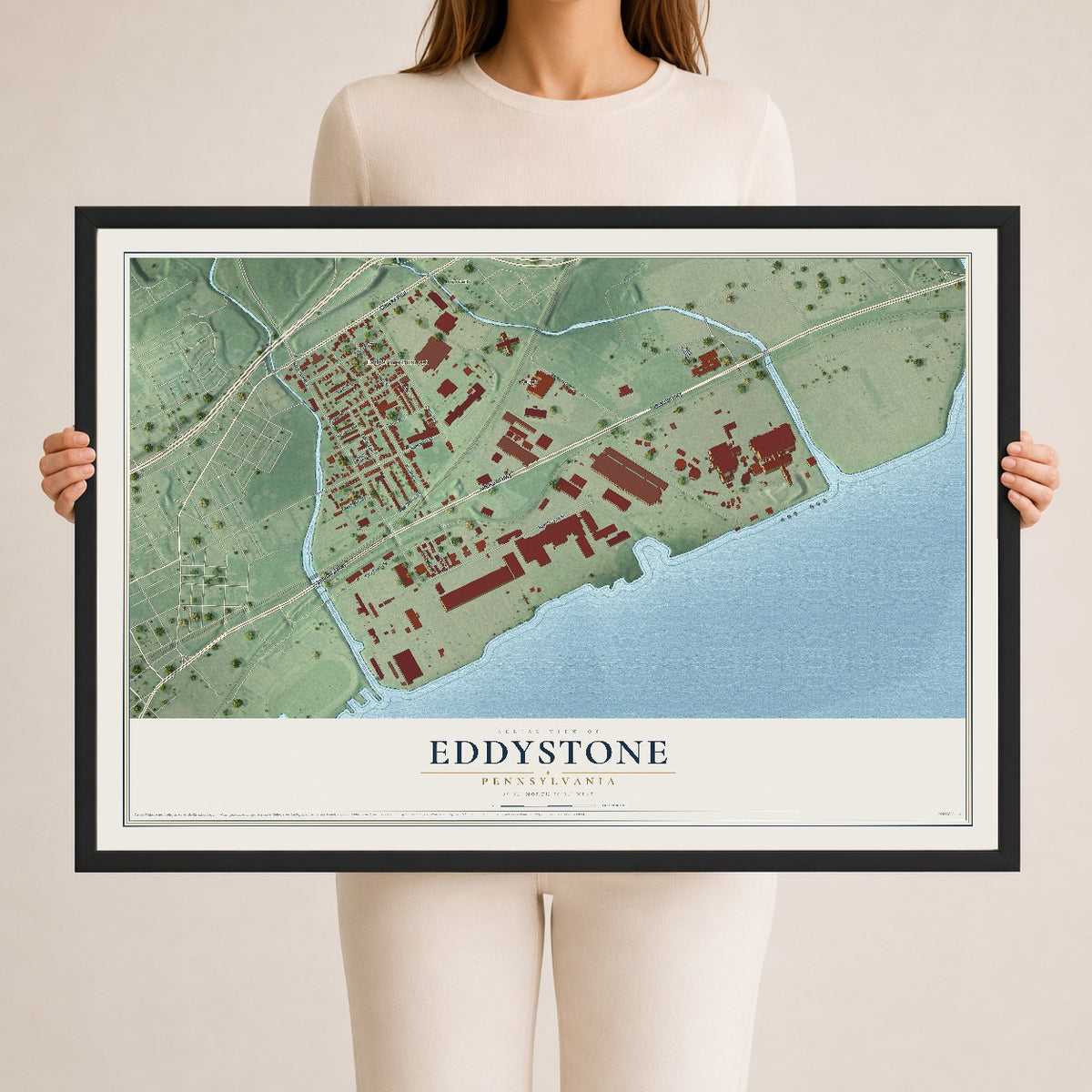Map of Eddystone, Pennsylvania, 24 x 36 inch print in a black wood frame