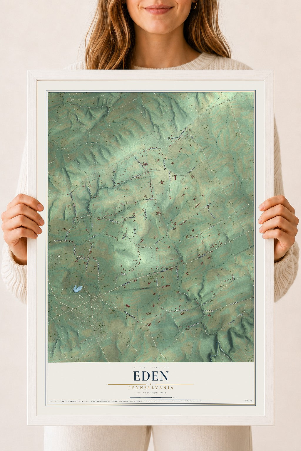Map of Eden, Pennsylvania, 18 x 24 inch print in a white wood frame