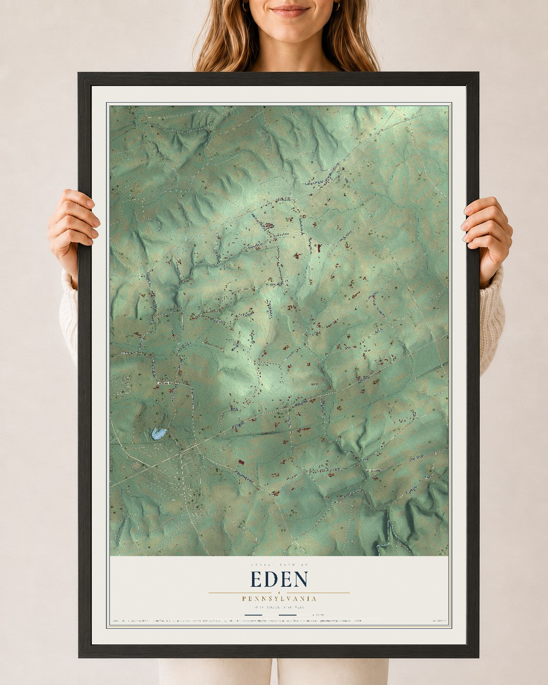 Map of Eden, Pennsylvania, 24 x 36 inch print in a black wood frame
