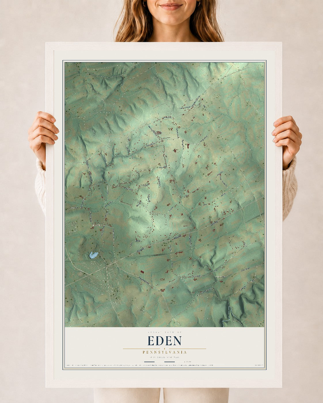 Map of Eden, Pennsylvania, 24 x 36 inch print in a white wood frame
